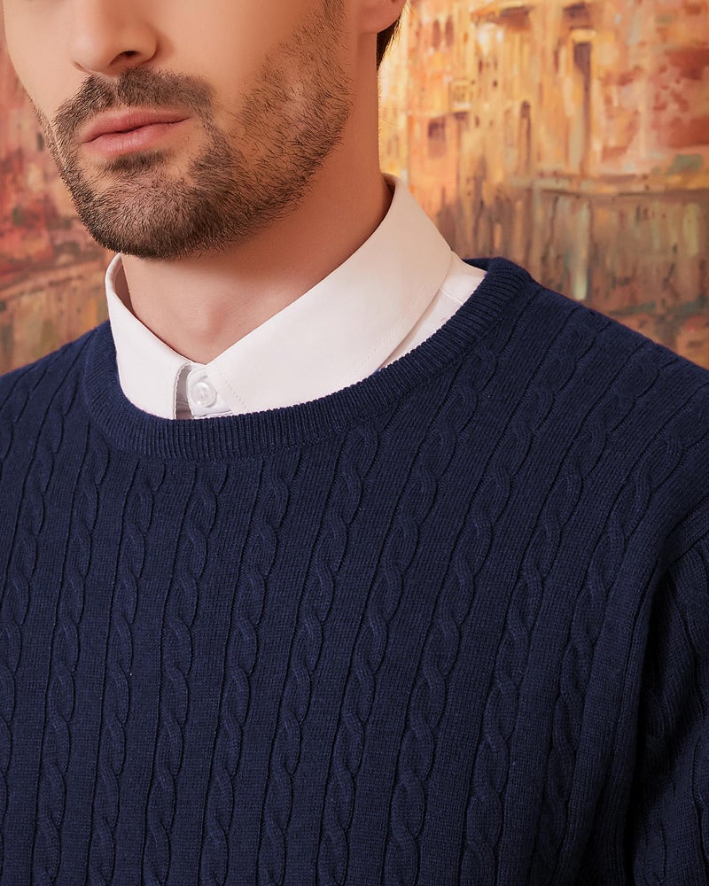 Kallspin Men's Cable Knit Crewneck Sweater Pullovers Wool Blend Relax Fit Knitwear (Navy Blue, Large) - Image 4